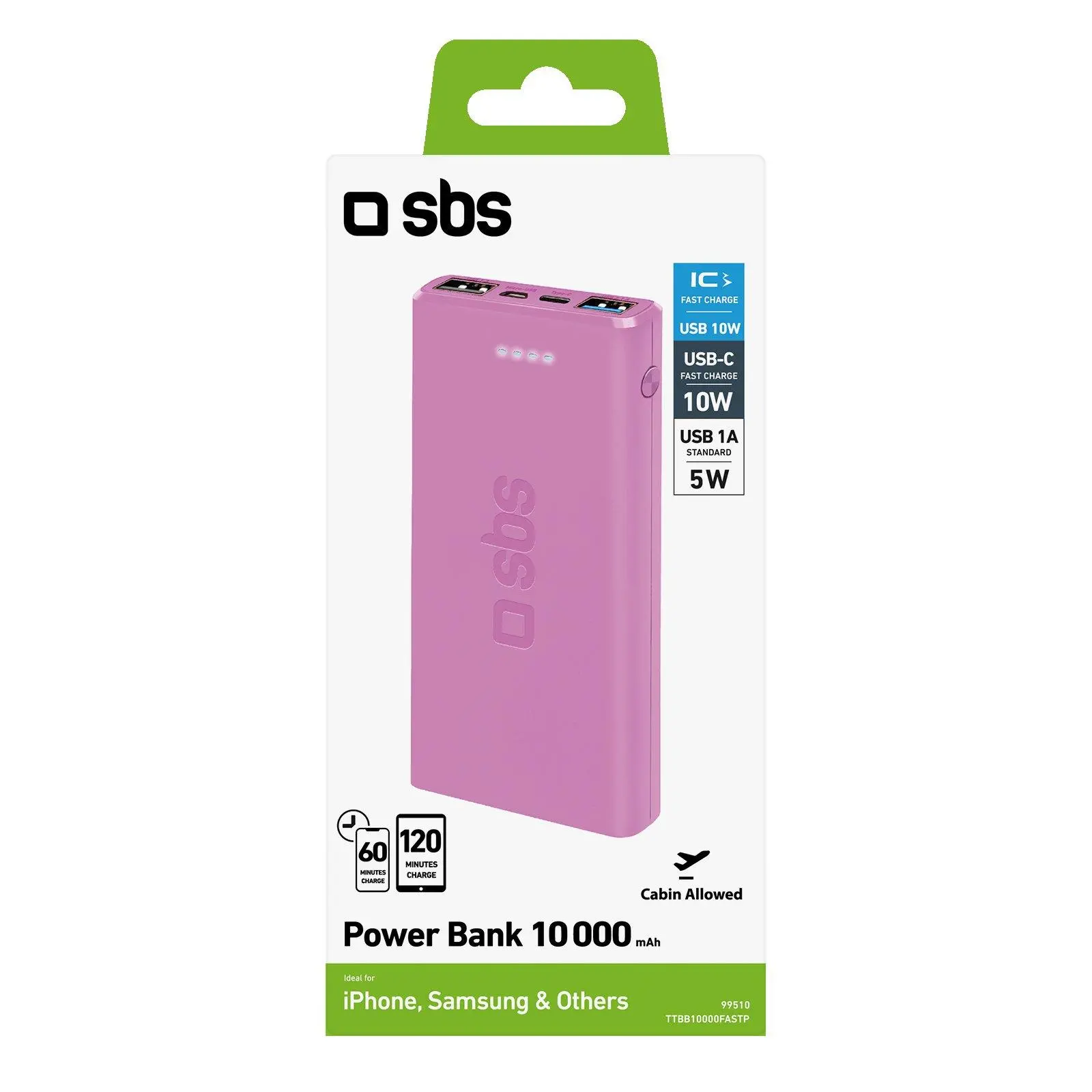 Powerbank SBS TTBB10000FASTP 10000mAh USB-C + micro USB 10W Różowy