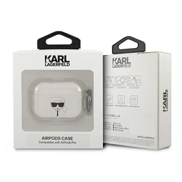 Etui na słuchawki Karl Lagerfeld KLAPUKHGS Glitter Karl`s Head AirPods Pro Cover Srebrny