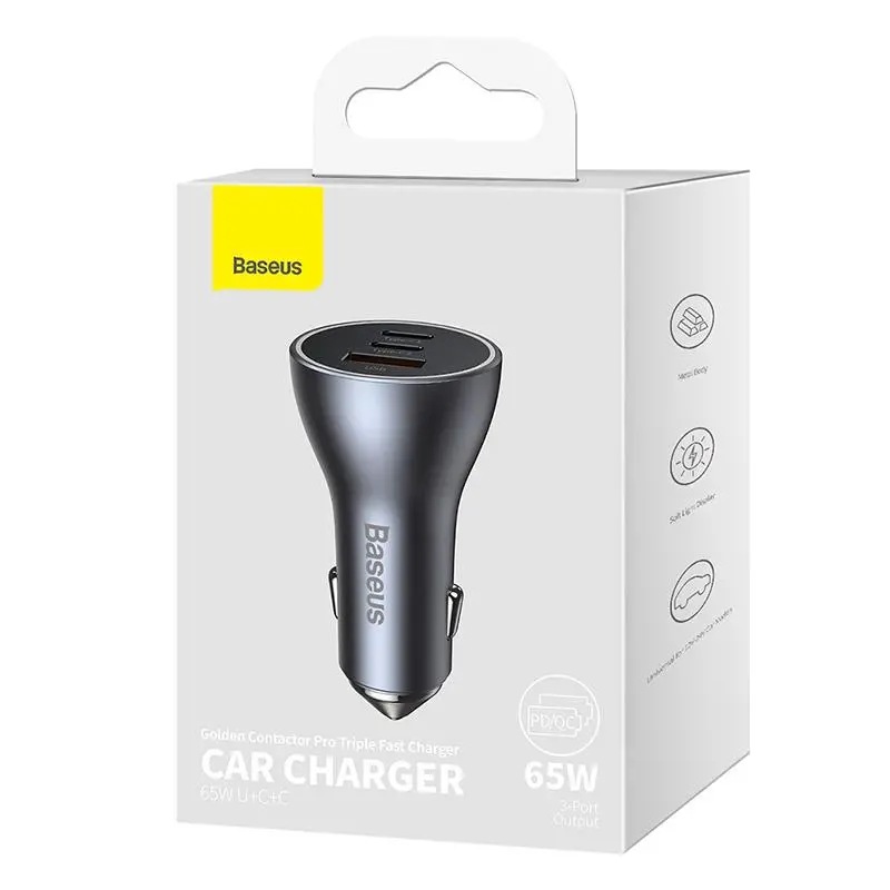 Ładowarka samochodowa Baseus Golden Contactor Pro 2x USB-C 1x USB 65W Szary