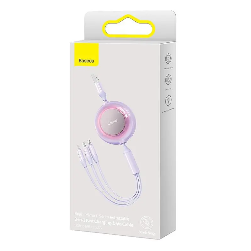 Kabel Baseus USB 3w1 Bright Mirror 2 micro USB Lightning USB-C 3,5A 1,1m Fioletowy