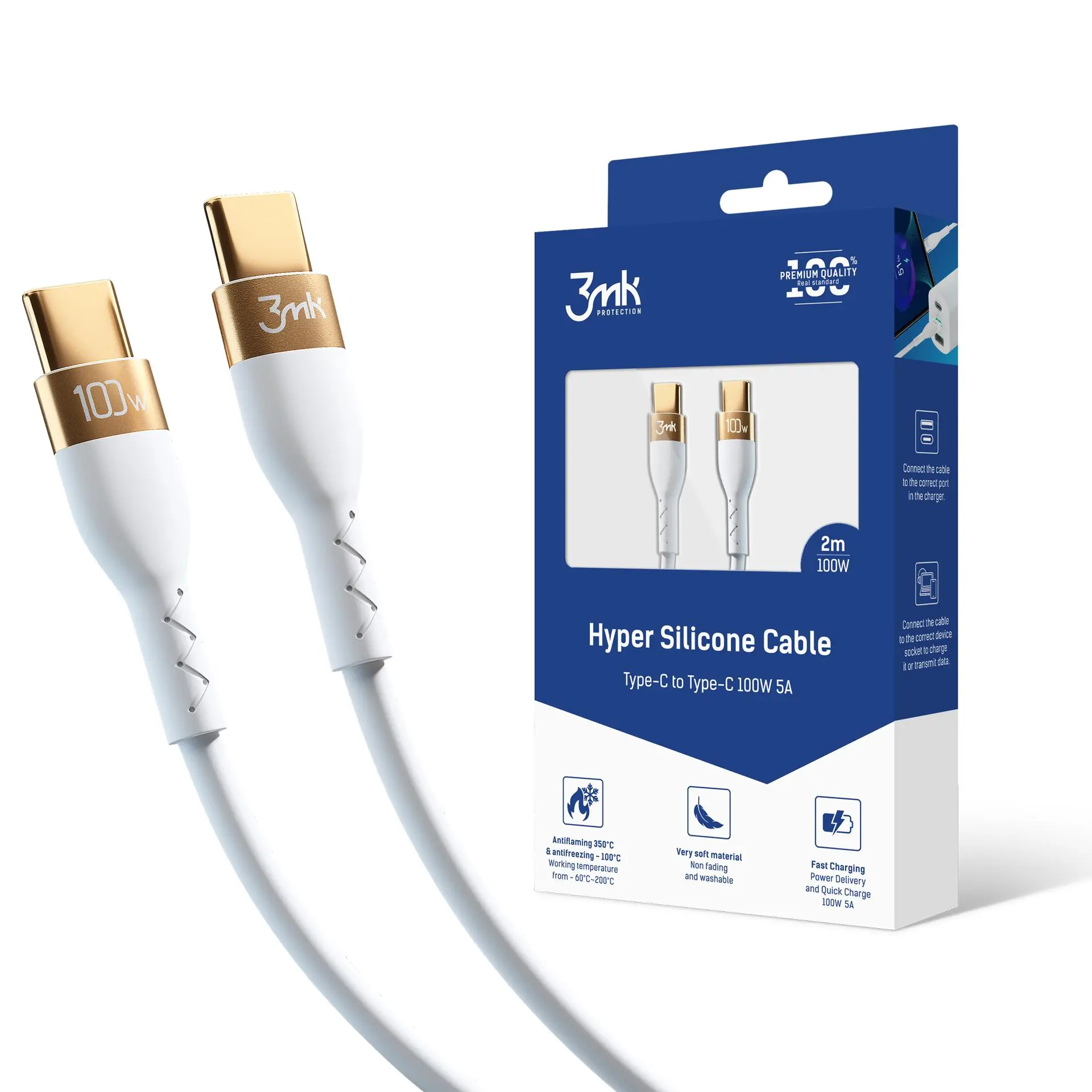 Kabel 3mk Hyper Silicone Cable do USB-C to USB-C 2m 100W Biały