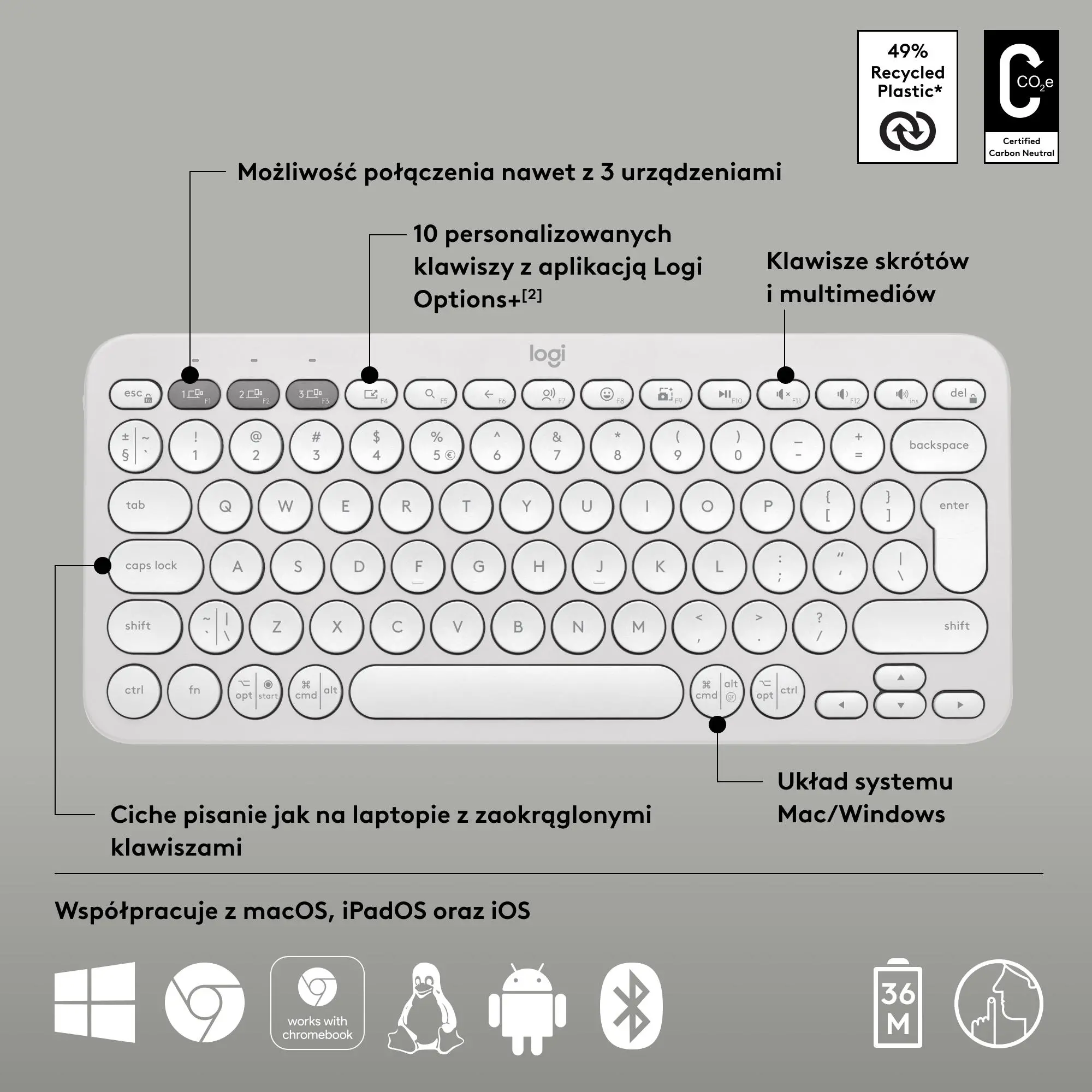 Klawiatura membranowa Logitech Pebble Keys 2 K380s Biały
