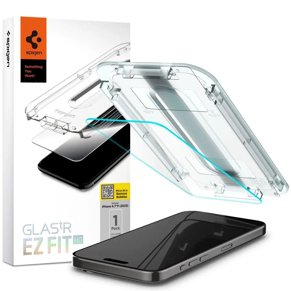 Szkło hartowane Spigen z aplikatorem Glas.tR EZ Fit HD do iPhone 15 Pro Max