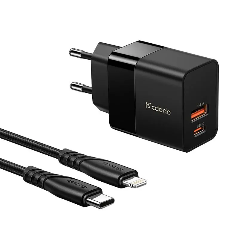Ładowarka sieciowa Mcdodo CH-1952 USB + USB-C 20W + kabel USB-C do Lightning Czarny