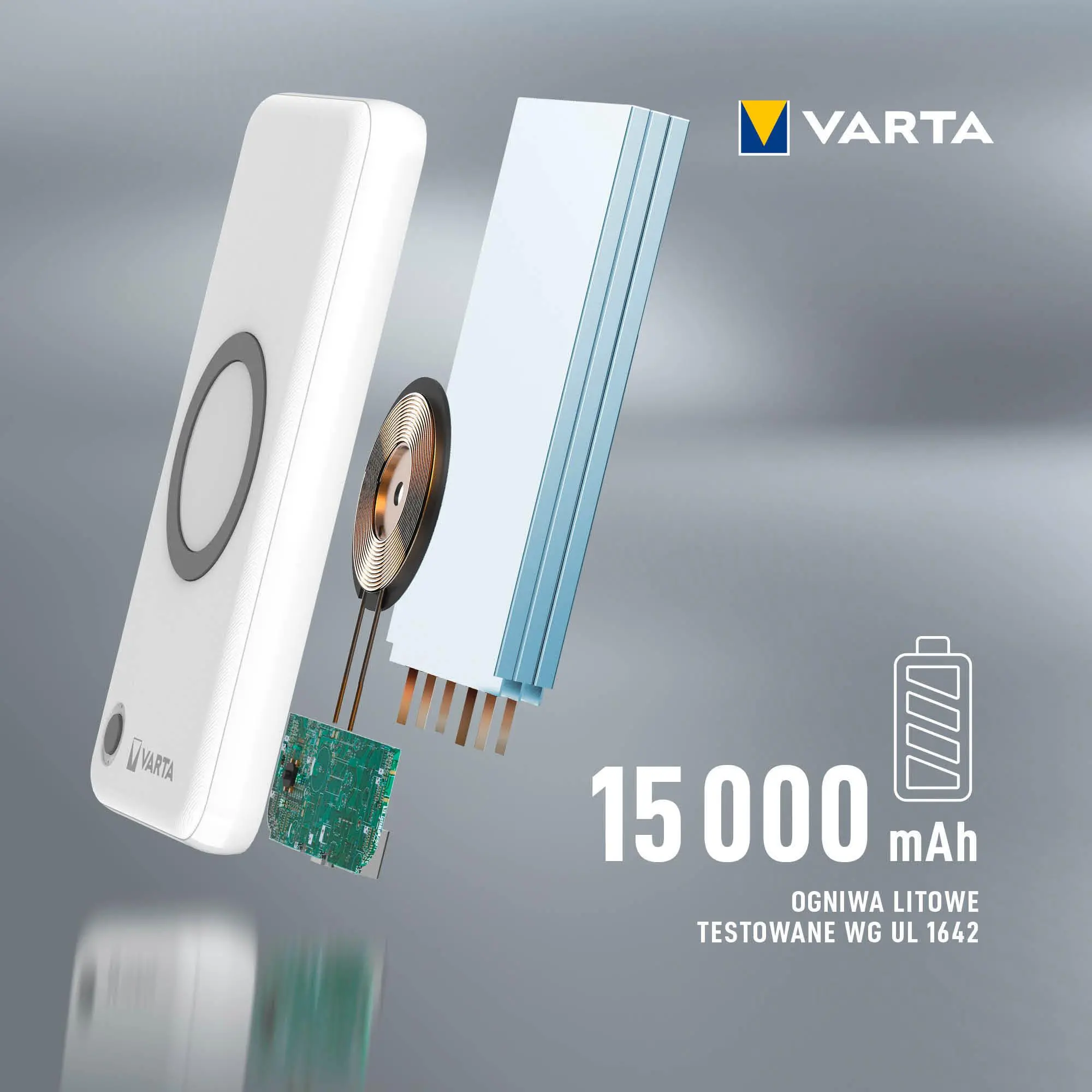 Powerbank VARTA Wireless 15000mAh PASS THROUGH 2xUSB USB-C 20W Biały