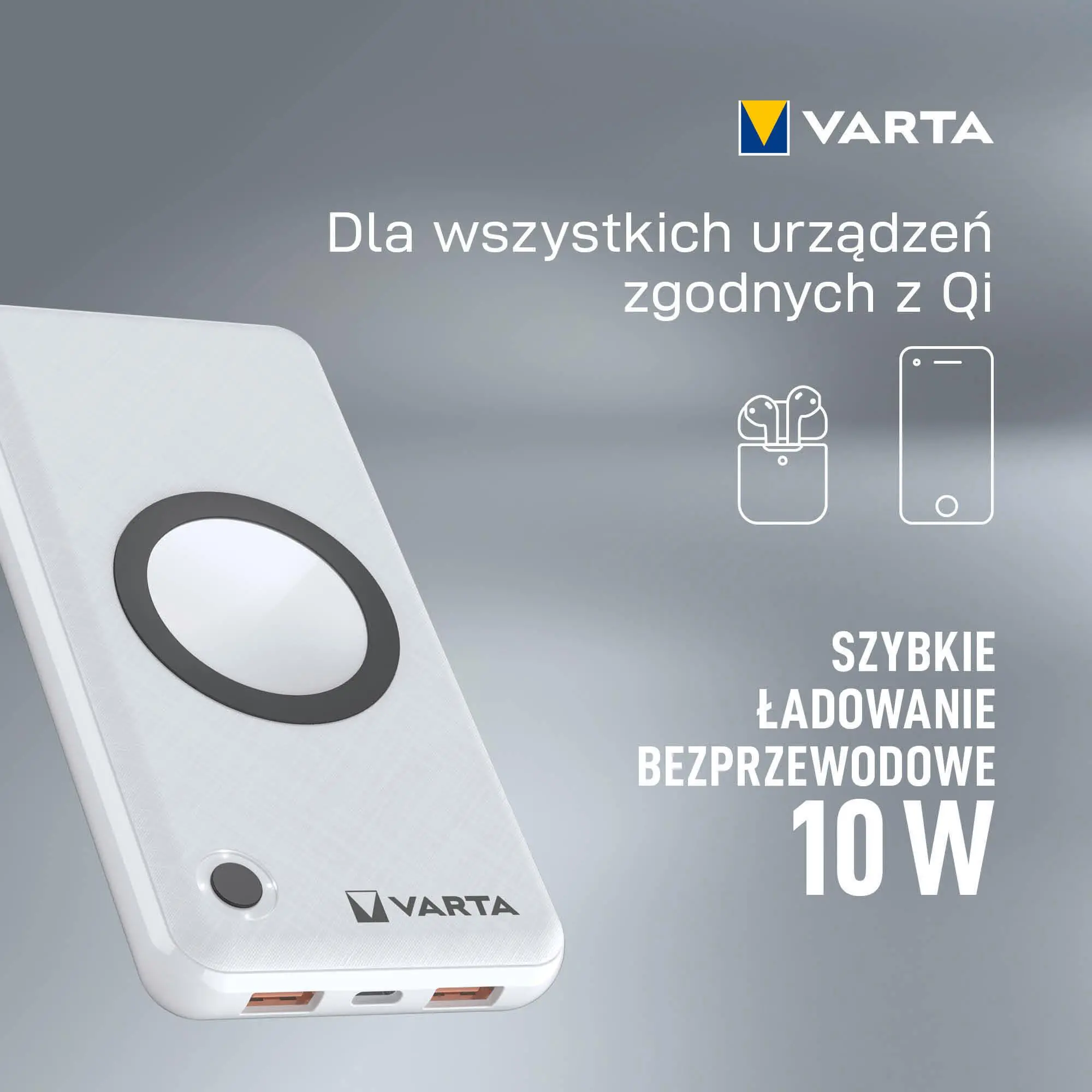 Powerbank VARTA Wireless 15000mAh PASS THROUGH 2xUSB USB-C 20W Biały