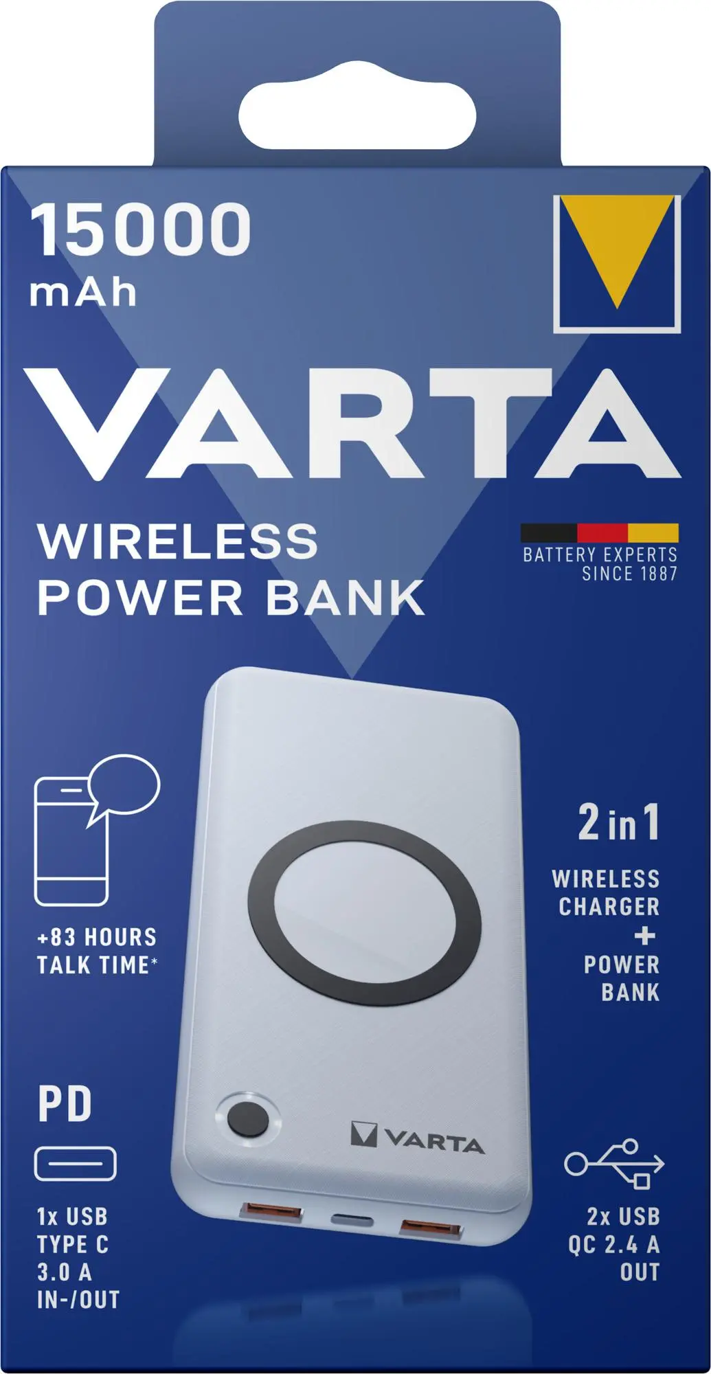 Powerbank VARTA Wireless 15000mAh PASS THROUGH 2xUSB USB-C 20W Biały