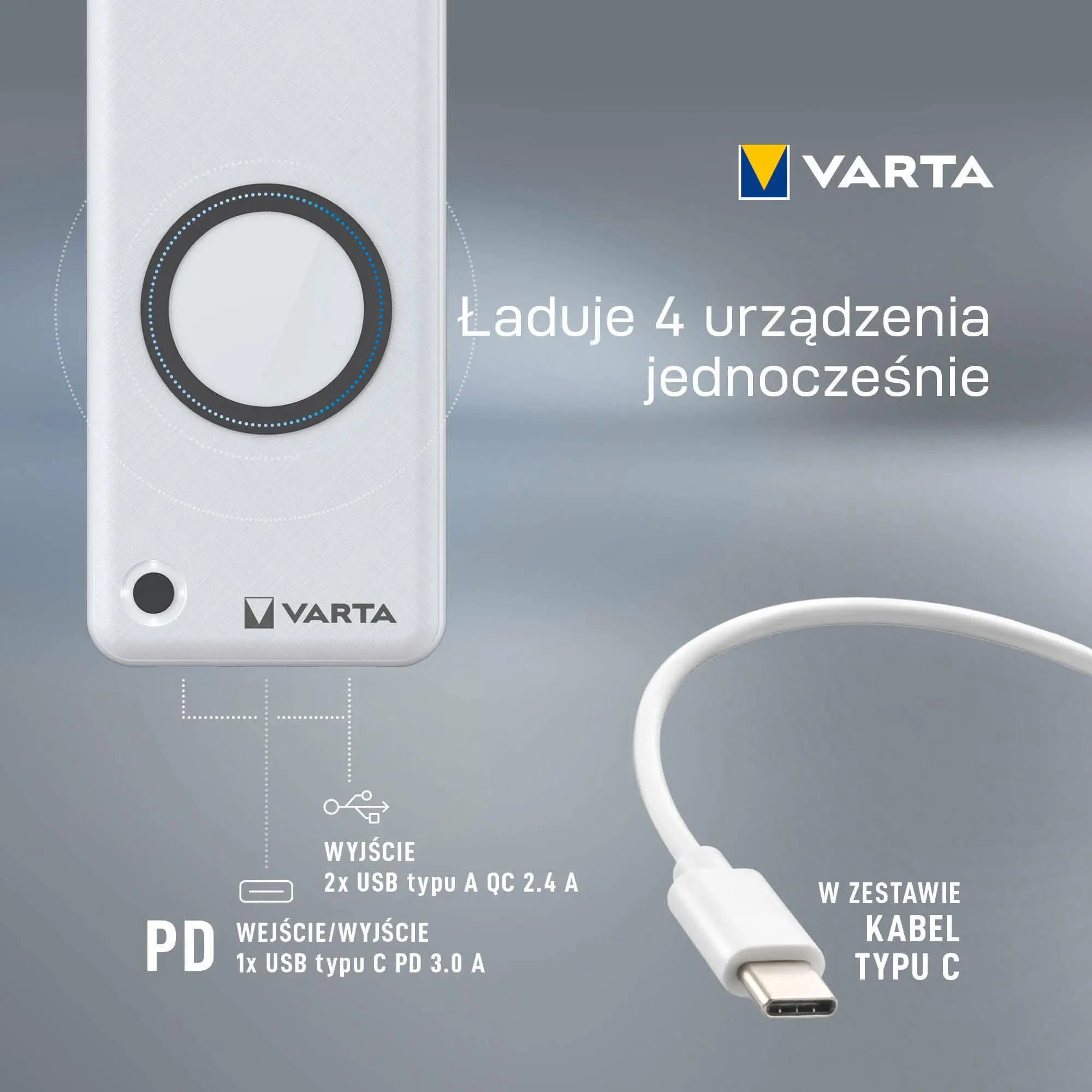 Powerbank VARTA Wireless 15000mAh PASS THROUGH 2xUSB USB-C 20W Biały