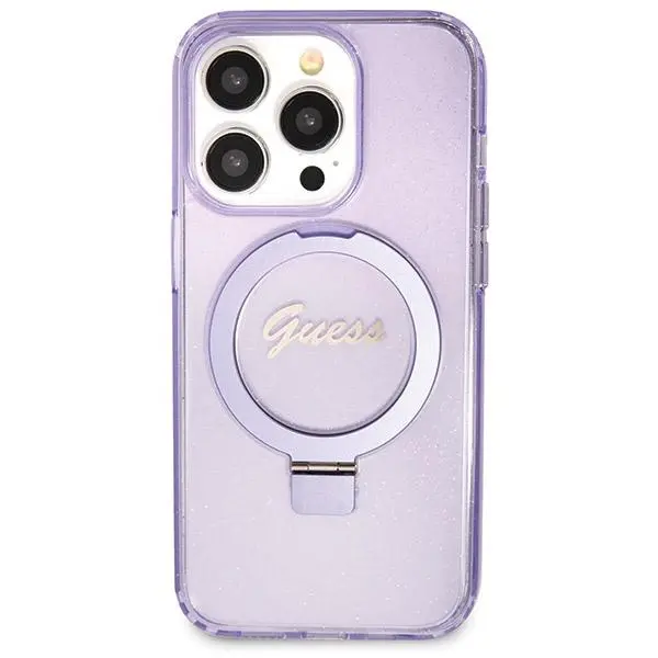 Etui Guess Ring Stand Script Glitter MagSafe GUHMP14XHRSGSU do iPhone 14 Pro Max Fioletowy