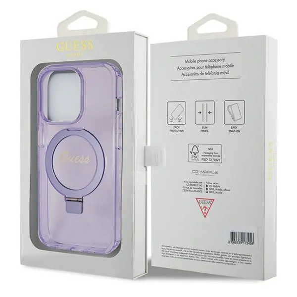 Etui Guess Ring Stand Script Glitter MagSafe GUHMP14XHRSGSU do iPhone 14 Pro Max Fioletowy