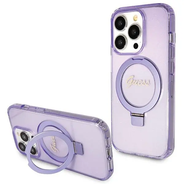 Etui Guess Ring Stand Script Glitter MagSafe GUHMP14XHRSGSU do iPhone 14 Pro Max Fioletowy