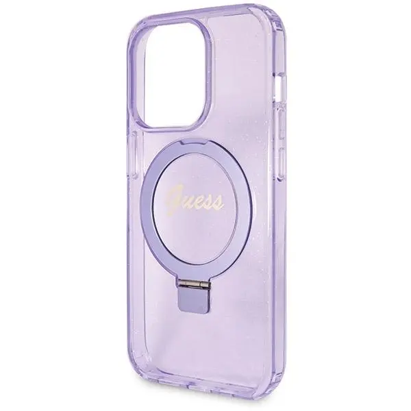 Etui Guess Ring Stand Script Glitter MagSafe GUHMP14XHRSGSU do iPhone 14 Pro Max Fioletowy