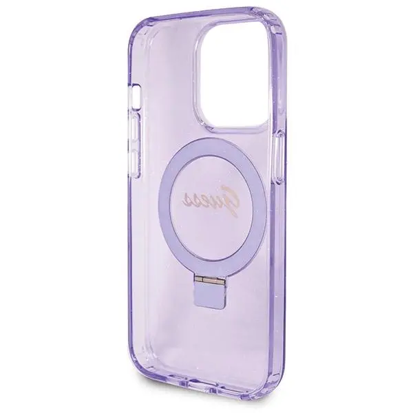 Etui Guess Ring Stand Script Glitter MagSafe GUHMP14XHRSGSU do iPhone 14 Pro Max Fioletowy