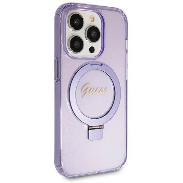 Etui Guess Ring Stand Script Glitter MagSafe GUHMP14XHRSGSU do iPhone 14 Pro Max Fioletowy