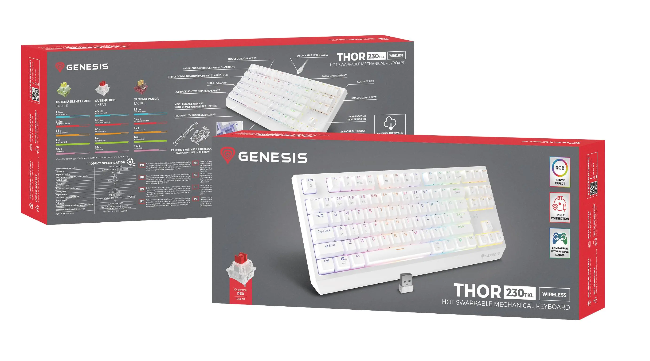 Klawiatura mechaniczna Genesis Thor 230 TKL US RGB Outemu Red Biały