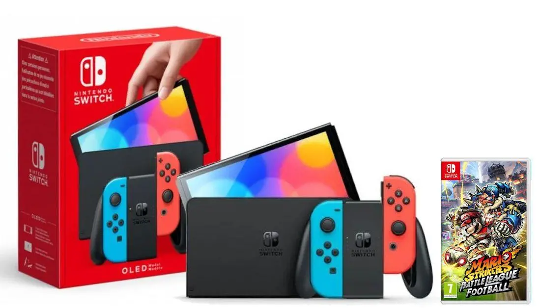 Konsola Nintendo Switch OLED Czerwono-niebieski + Mario Strikers Battle League Football