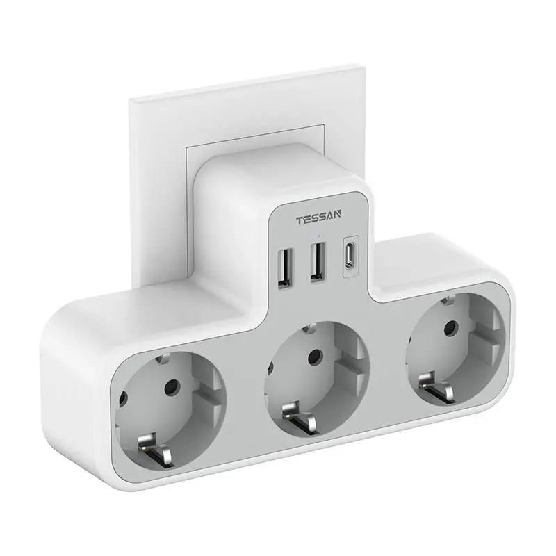 Gniazdo sieciowe Tessan TS-323-DE-C 3 gniazda 2x USB-A USB-C Biało-szary