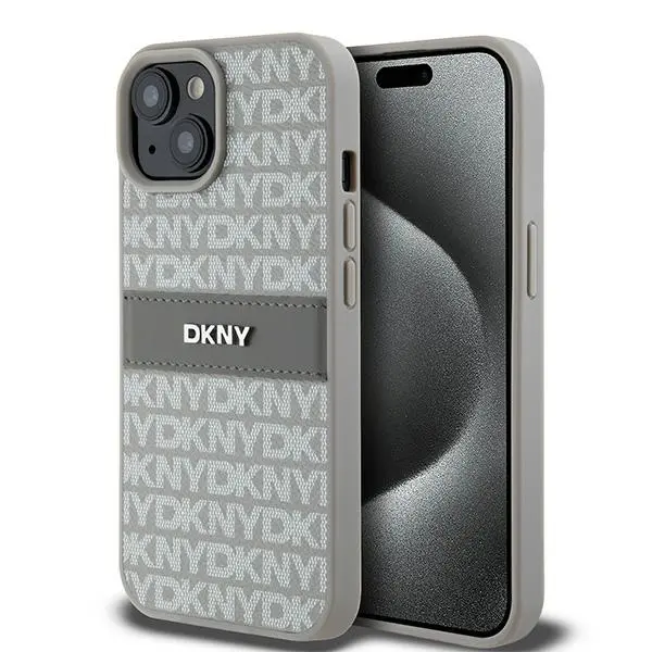 Etui DKNY Hardcase Leather Mono Stripe & Metal Logo do iPhone 15 Plus Beżowy