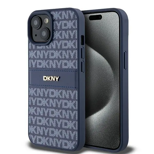 Etui DKNY Hardcase Leather Mono Stripe & Metal Logo iPhone 15 Niebieski