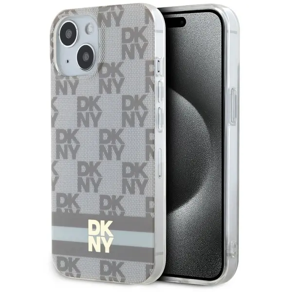 Etui DKNY IML Checkered Mono Pattern & Printed Stripes MagSafe do iPhone 15 Plus Beżowy