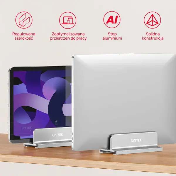 Podstawka na laptopa Unitek OT172GY Pionowa Aluminium Srebrny