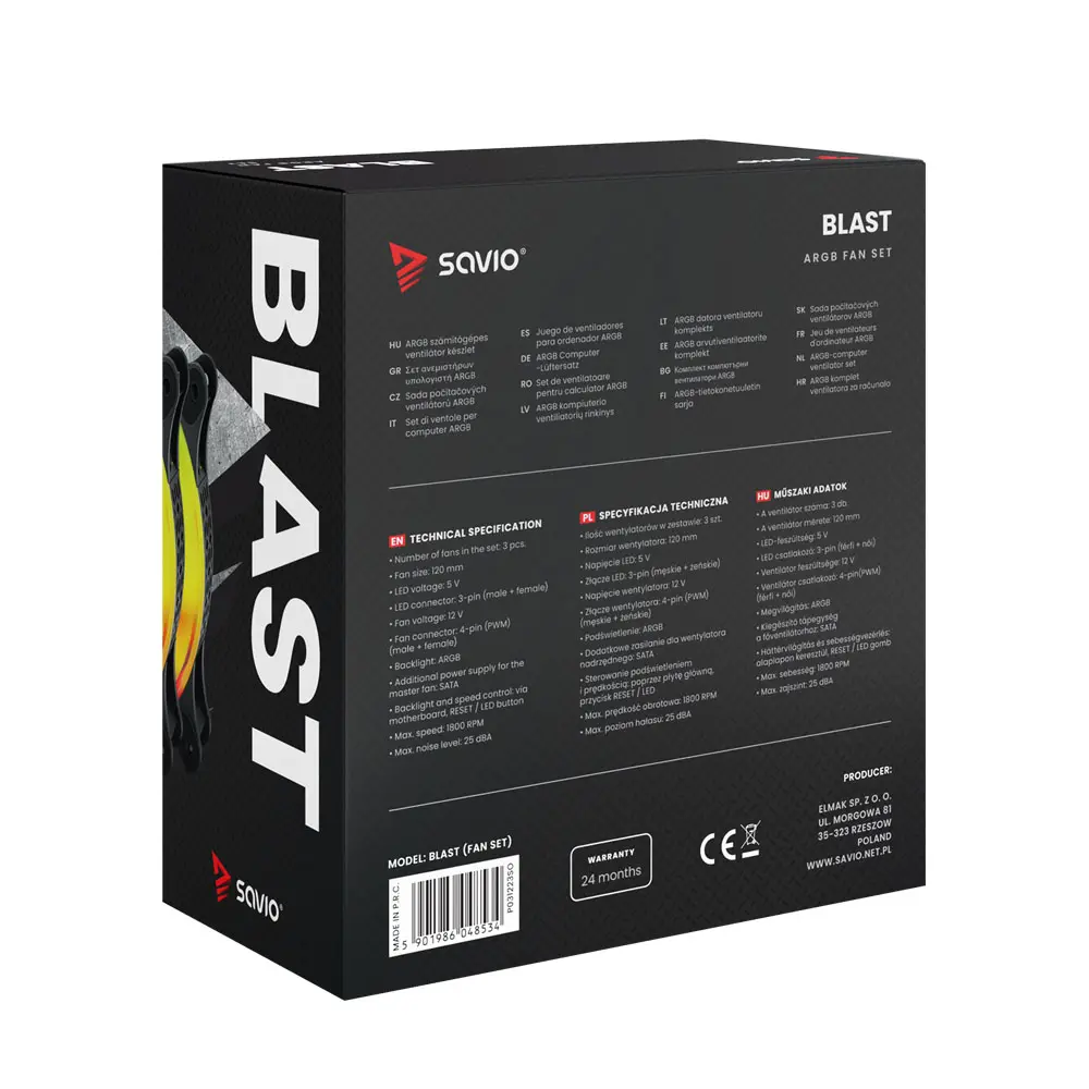 Wentylator Savio Blast Fan Set 120mm 3 szt. ARGB Czarny