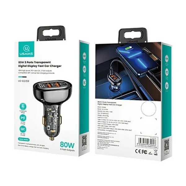 Ładowarka samochodowa USAMS CC159CC01 2XUSB+1XUSB-C 80W Czarny