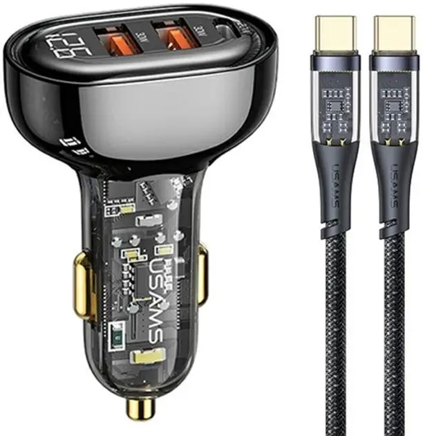 Ładowarka samochodowa USAMS 2xUSB USB-C 80W + kabel USB-C Czarny
