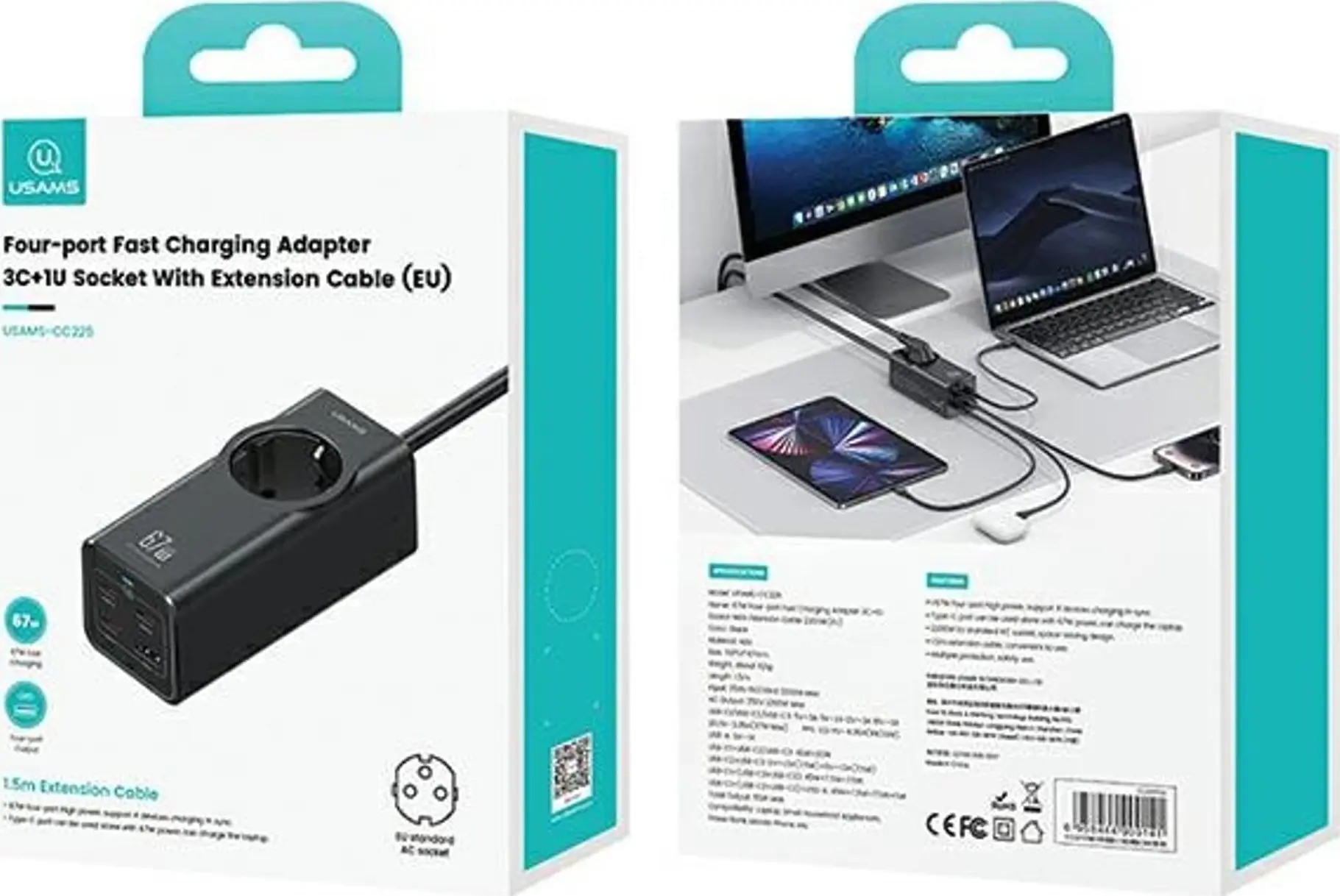 Listwa USAMS CC225TC01 1 gniazdo 3x USB-C 1x USB-A 67W 1,5m Czarny