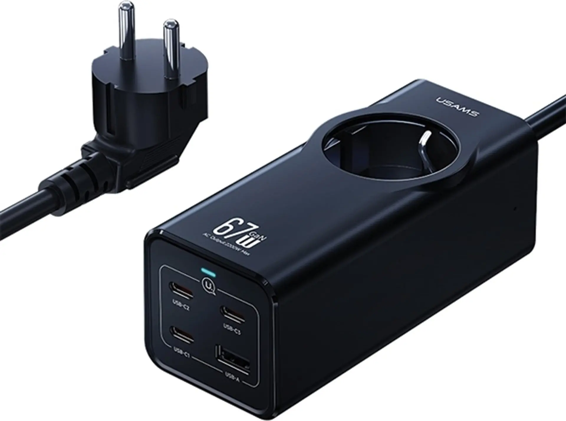 Listwa USAMS CC225TC01 1 gniazdo 3x USB-C 1x USB-A 67W 1,5m Czarny