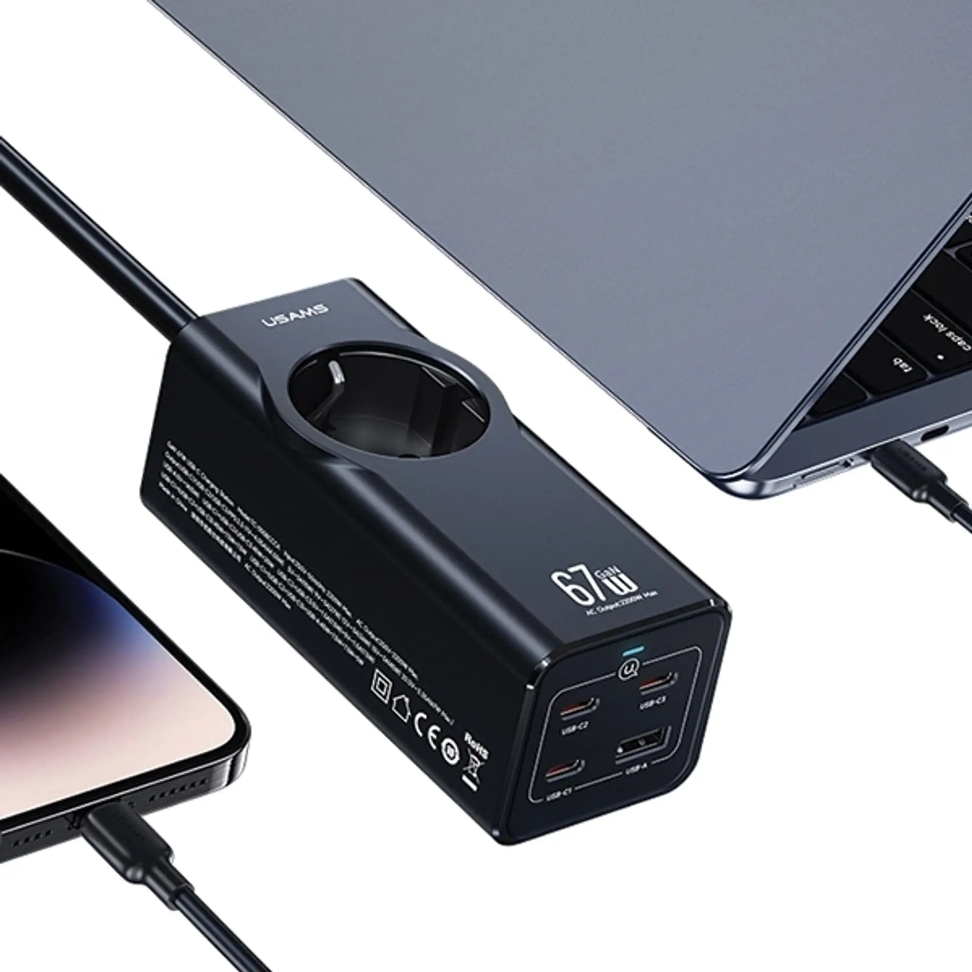 Listwa USAMS CC225TC01 1 gniazdo 3x USB-C 1x USB-A 67W 1,5m Czarny