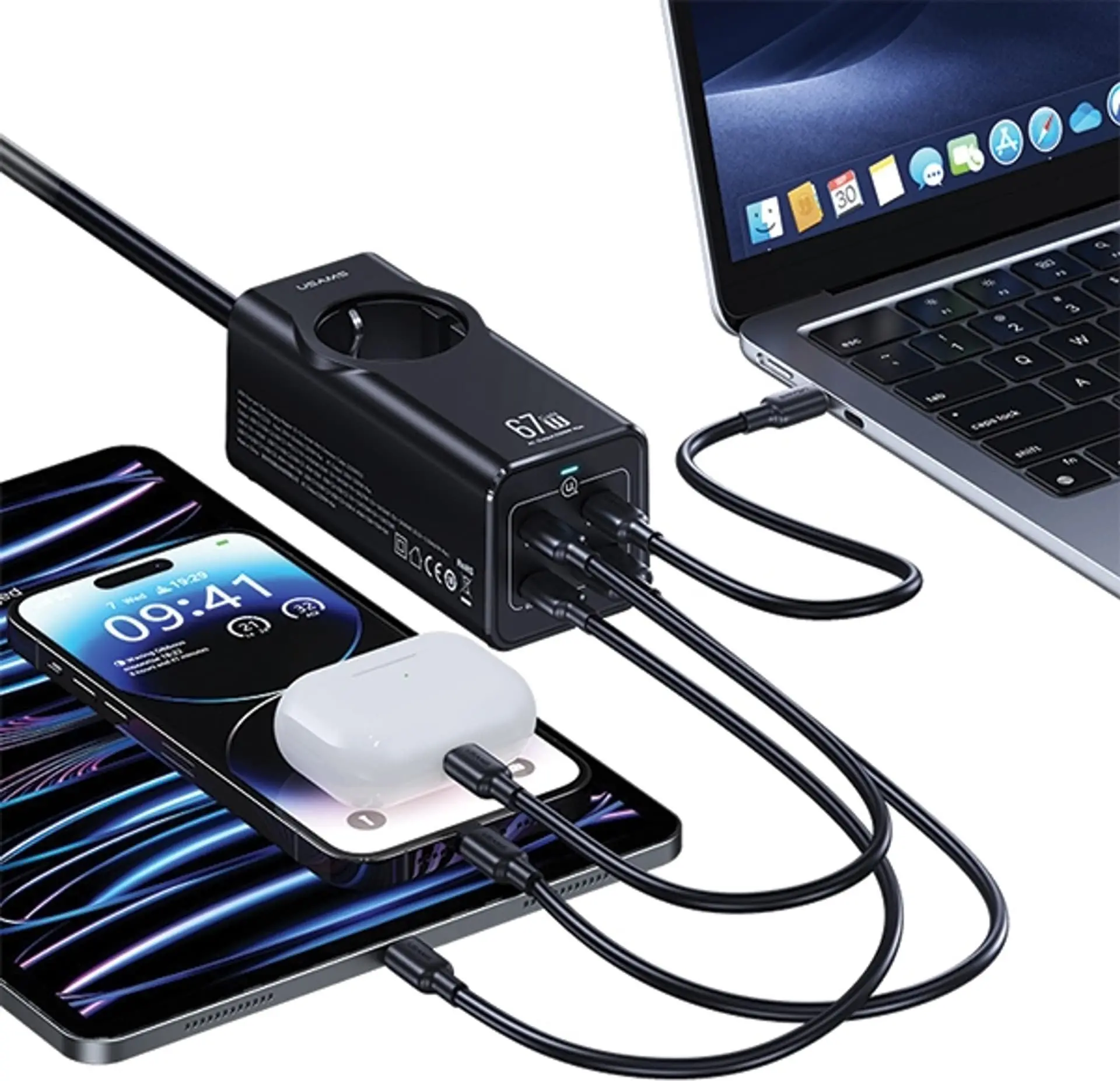 Listwa USAMS CC225TC01 1 gniazdo 3x USB-C 1x USB-A 67W 1,5m Czarny
