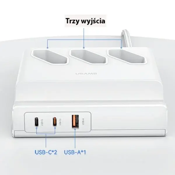 Listwa USAMS CC160TC01 3 gniazda 2xUSB-C USB-A 65W 2m Biały
