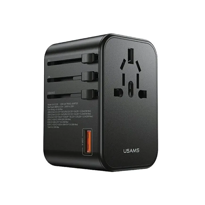Adapter podróżny USAMS CC199TC01 4w1 1x USB, 2x USB-C 65W US/AU/EU/UK Czarny