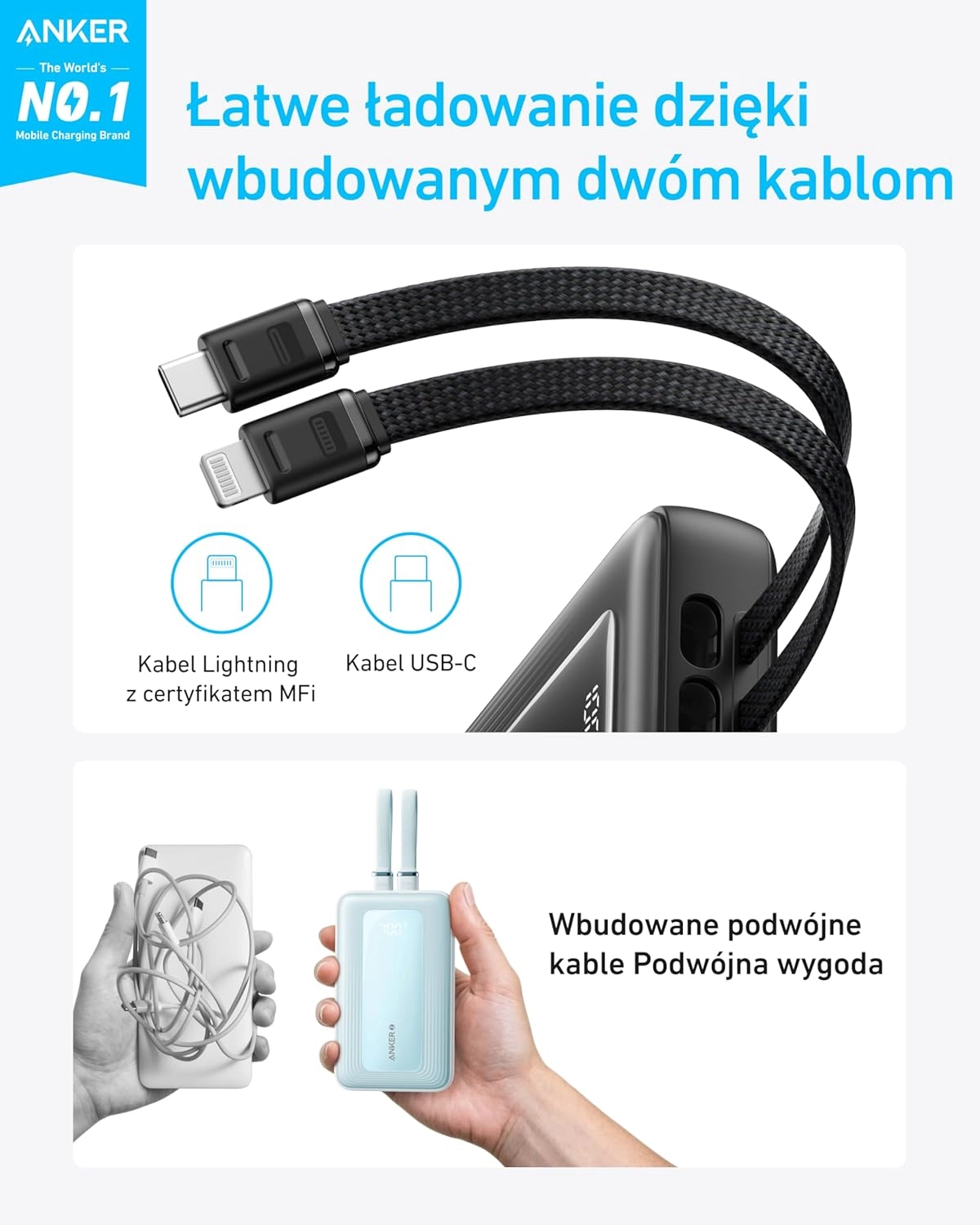 Powerbank Anker Zolo (A1680G11) 10000mAh 30W wbudowany kabel USB-C i Lightning Czarny