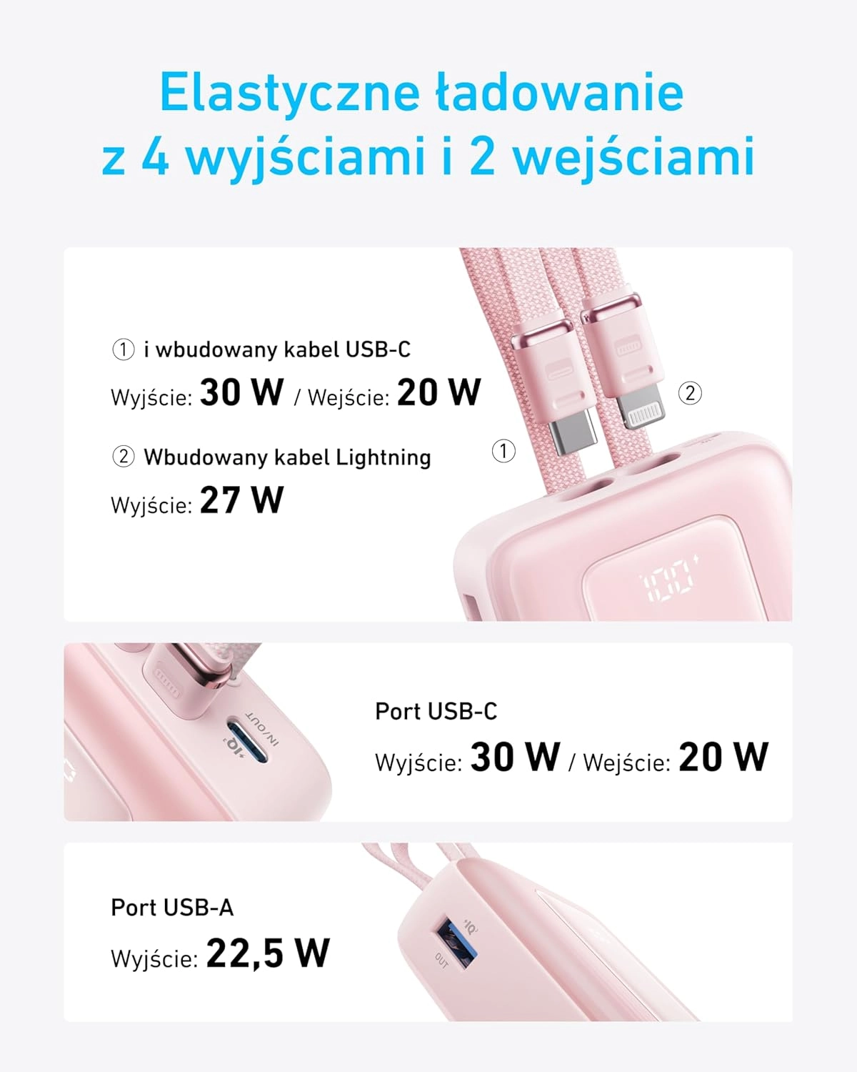 Powerbank Anker Zolo (A1680G11) 10000mAh 30W wbudowany kabel USB-C i Lightning Czarny