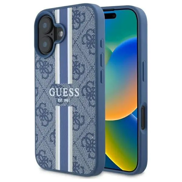 Etui Guess 4G Printed Stripes MagSafe do iPhone 16 Niebieski