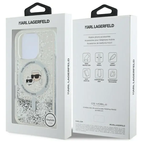 Etui Karl Lagerfeld Liquid Glitter Karl&Choupette Head MagSafe do iPhone 16 Pro Przezroczysty