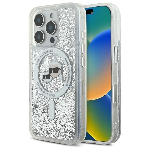 Etui Karl Lagerfeld Liquid Glitter Karl&Choupette Head MagSafe do iPhone 16 Pro Przezroczysty