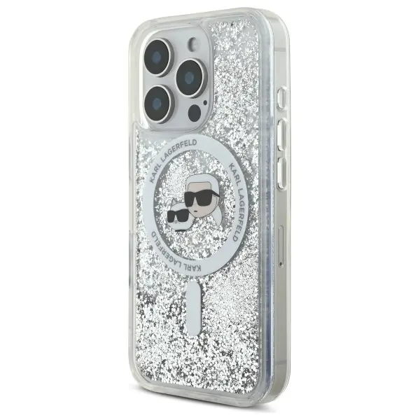 Etui Karl Lagerfeld Liquid Glitter Karl&Choupette Head MagSafe do iPhone 16 Pro Przezroczysty