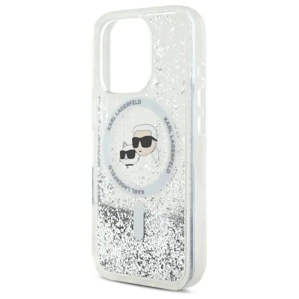 Etui Karl Lagerfeld Liquid Glitter Karl&Choupette Head MagSafe do iPhone 16 Pro Przezroczysty