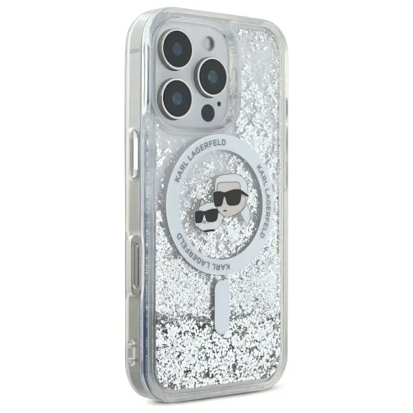 Etui Karl Lagerfeld Liquid Glitter Karl&Choupette Head MagSafe do iPhone 16 Pro Przezroczysty
