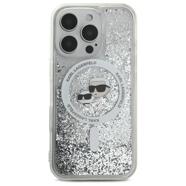 Etui Karl Lagerfeld Liquid Glitter Karl&Choupette Head MagSafe do iPhone 16 Pro Przezroczysty