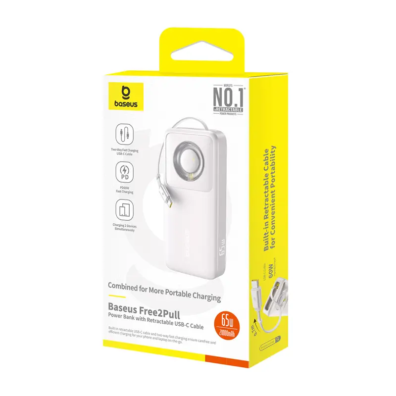 Powerbank Baseus Free2Pull 20000mAh 65W Wbudowany kabel Szary