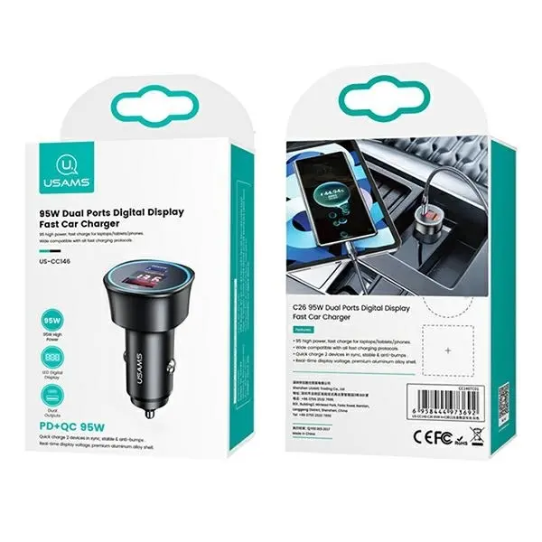 Ładowarka samochodowa USAMS 1xUSB+1xUSB-C C26 95W Fast Charge Czarny