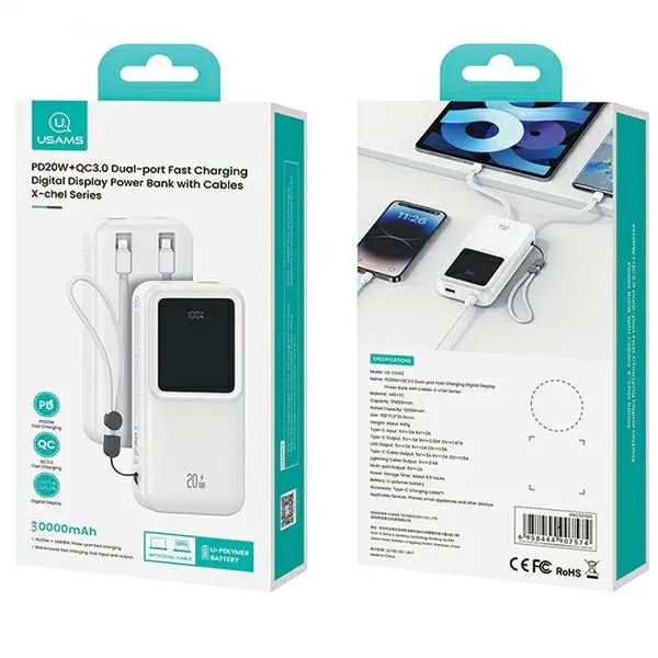 Powerbank USAMS US-CD213 Z wbudowanymi kablami USB-C / Lightning 30000mAh PD 20W Fast Charge X-chel Series Czarny
