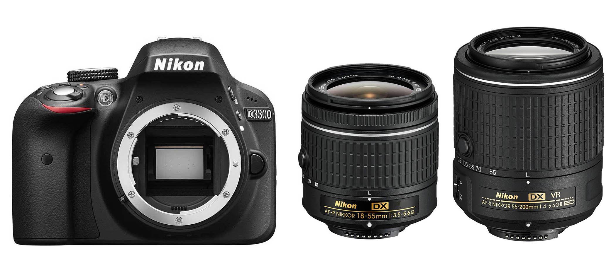 Lustrzanka Nikon D3300 + AF-P 18-55 + 55-200 mm VR II + torba + karta 8GB