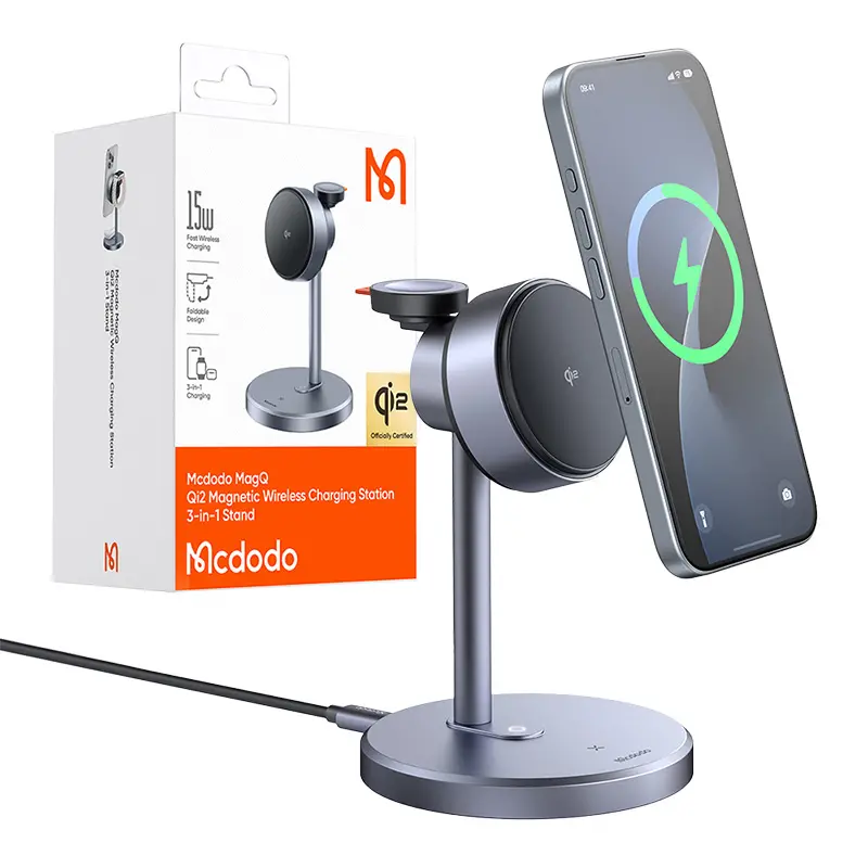 Ładowarka indukcyjna Mcdodo CH-2462 3w1 15W Qi2 + ładowarka sieciowa 33W Szary