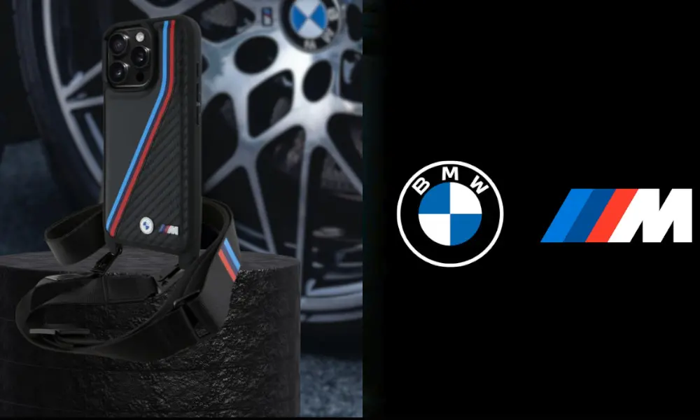 Etui BMW M Edition Carbon Tricolor Lines & Strap do iPhone 16 Pro Max Czarny