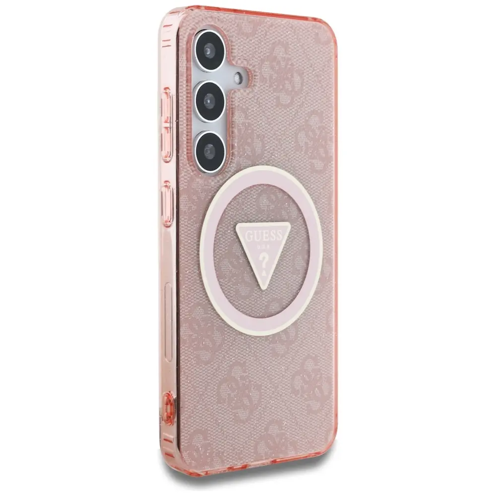 Etui Guess 4G Glitter Triangle Buttons MagSafe do Galaxy S25 Różowy